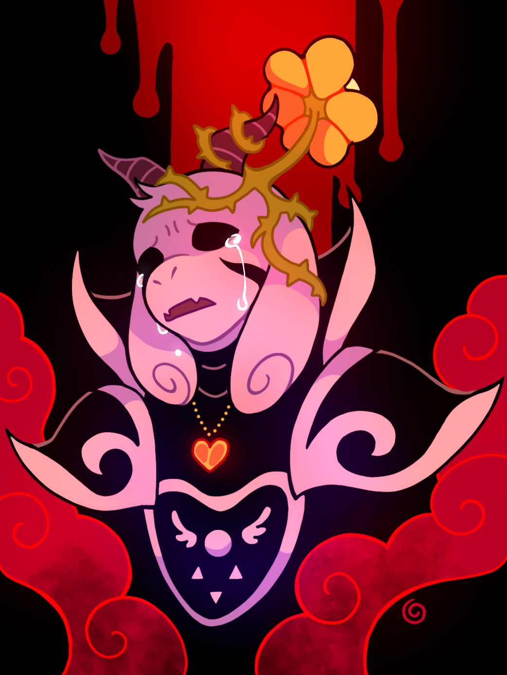 1boy, armor, asriel_dreemurr, asriel_dreemurr_(god_of_hyperdeath), black_sclera, blood, collared_robe, colored_sclera