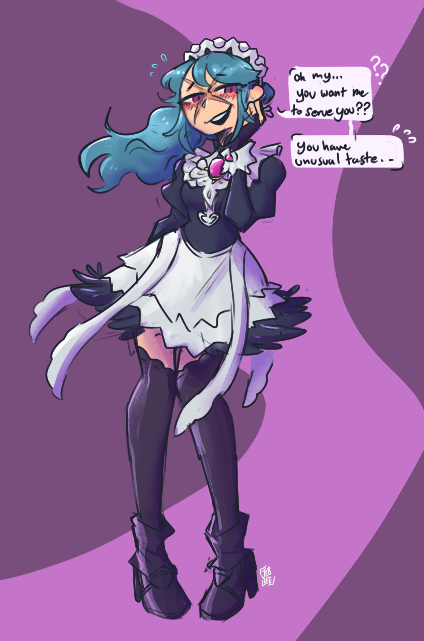 ?, ??, alternate_costume, apron, aqua_hair, artist_logo, black_boots, black_thighhighs