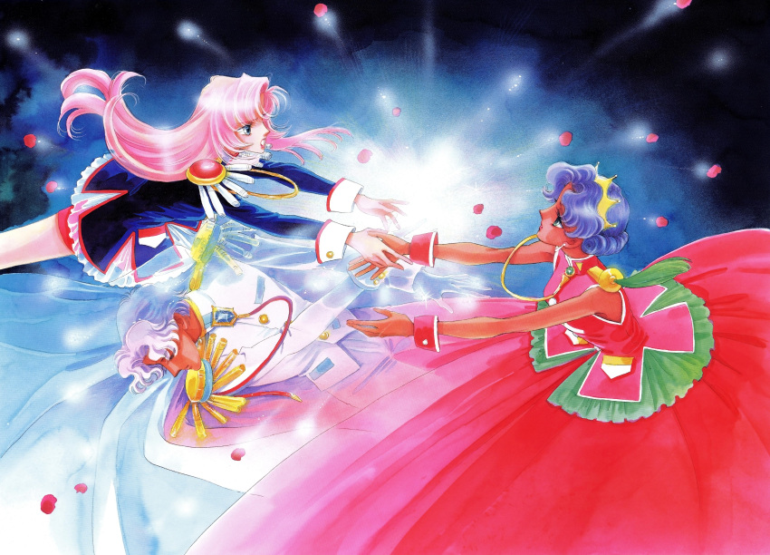 1990s_(style), 1boy, 2girls, absurdres, blue_eyes, cape, dark-skinned_female, dark_skin