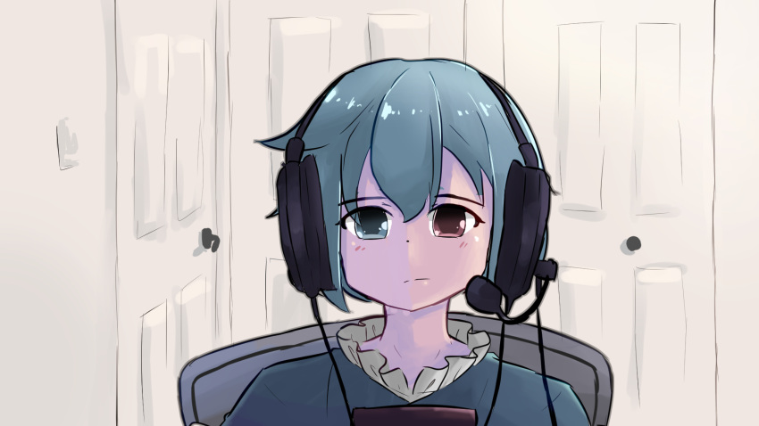 1girl, blue_eyes, blue_hair, blue_shirt, closed_mouth, commentary, debaa, door