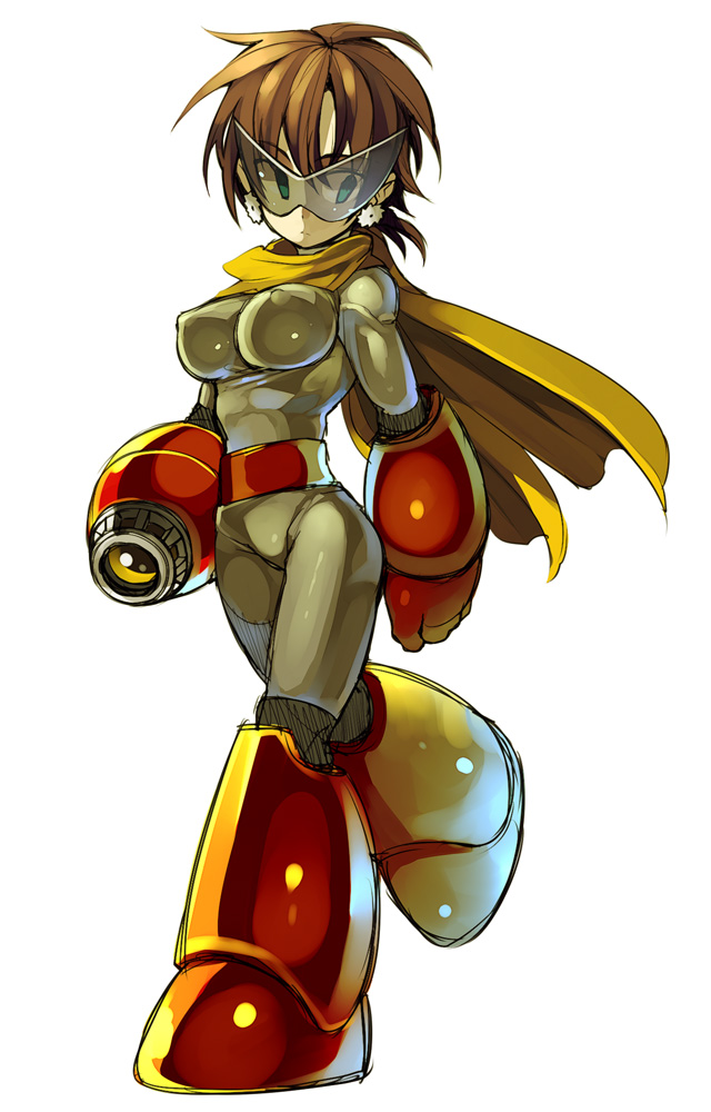 1girl, armor, blues_(rockman), breasts, brown_hair, capcom, earrings, erect_nipples