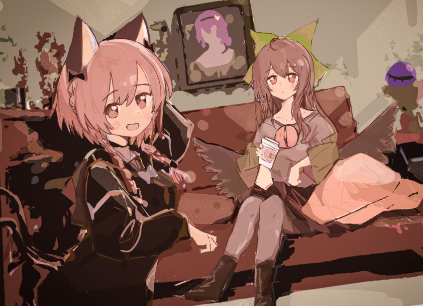 2girls, ahoge, animal_ears, black_bow, black_dress, black_wings, boots, bow