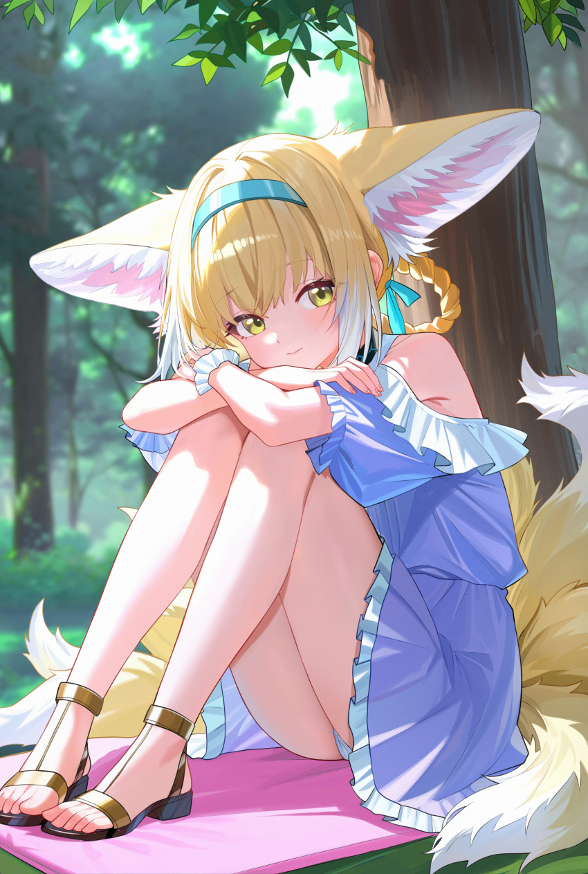 1girl, absurdres, animal_ears, arknights, bare_shoulders, blonde_hair, blue_hairband, closed_mouth