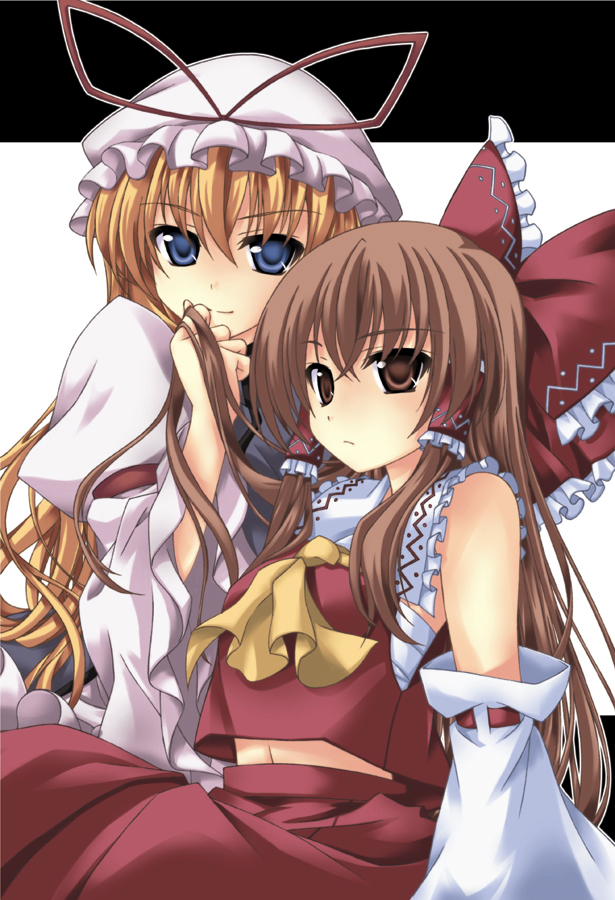 bare_shoulders, blonde_hair, blue_eyes, bow, brown_eyes, brown_hair, detached_sleeves, hair_bow