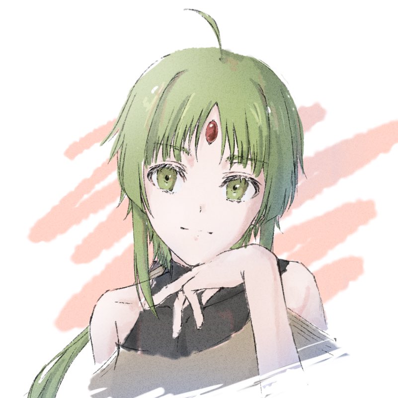 ahoge, closed_mouth, forehead_jewel, green_eyes, green_hair, hand_on_own_chin, looking_at_viewer, luicelia_superdia