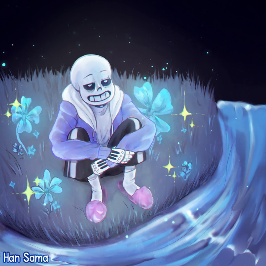 1boy, 2017, 2d, artist_name, black_shorts, blue_flower, blue_jacket, chromatic_aberration, digital_media, drawpile_(medium), echo_flower, flower, grass, half-closed_eyes, han_sama, hood, hood_down, hooded_jacket, humanoid, in-universe_location, jacket, knees_up, male, male_focus, male_only, monster, monster_boy, open_clothes, open_jacket, outdoors, pink_slippers, sans_(undertale), shirt, shorts, sitting, skeleton, slippers, solo, sparkle, striped_shorts, teeth, undead, undertale, water, white_shirt, white_stripes