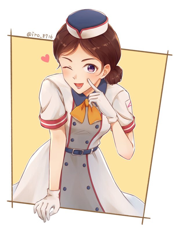 1girl, ;d, akanbe, artist_name, belt, belt_buckle, black_hair, blue_belt, border, buckle, buttons, collared_dress, double-breasted, dress, eyelid_pull, gloves, hat, heart, index_finger_raised, ishioka_ellie, looking_at_viewer, lower_teeth_only, meitantei_conan, multicolored_dress, multicolored_hat, neckerchief, one_eye_closed, open_mouth, parted_bangs, short_sleeves, smile, solo, standing, teeth, tongue, tongue_out, tsukisaka_iro, twitter_username, violet_eyes, white_border, white_gloves, yellow_background, yellow_neckerchief