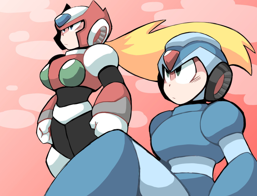2boys, armor, blonde_hair, blue_armor, blue_helmet, chest_jewel, forehead_jewel, gradient_background, helmet, highres, long_hair, male_focus, mega_man_(series), mega_man_x_(series), multiple_boys, pikaeevee13, pink_background, red_armor, red_helmet, sitting, standing, x_(mega_man), zero_(mega_man)