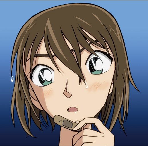 1girl, blue_background, blush, brown_hair, gradient_background, green_eyes, hair_between_eyes, hair_down