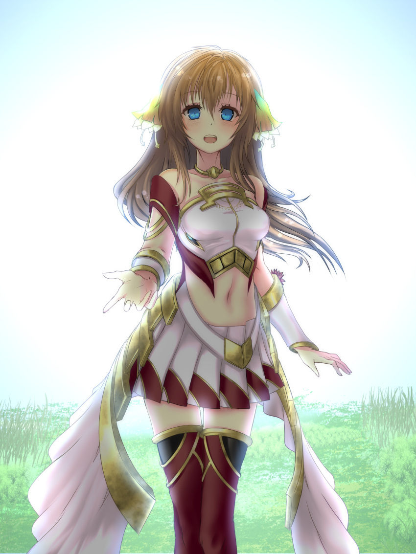 1girl, ar_nosurge, backlighting, bare_shoulders, blue_eyes, brown_hair, crop_top, grass