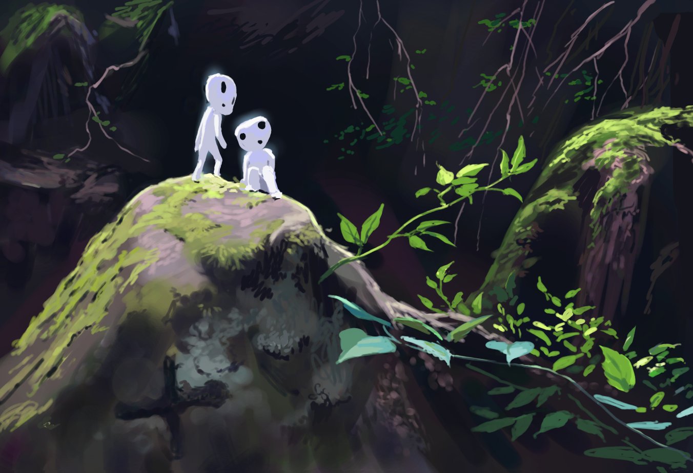 2others, :o, arm_support, arms_at_sides, big_head, branch, carving, commentary, daidarabocchi_(mononoke_hime), day, drawpile_(medium), english_commentary, facing_away, facing_to_the_side, glowing, head_tilt, hollow_eyes, knees_up, leaf, looking_at_viewer, looking_to_the_side, mononoke_hime, moss, multiple_others, nature, o_o, outdoors, plus_sign, rock, sitting, spirit, sunlight, vertigris, walking