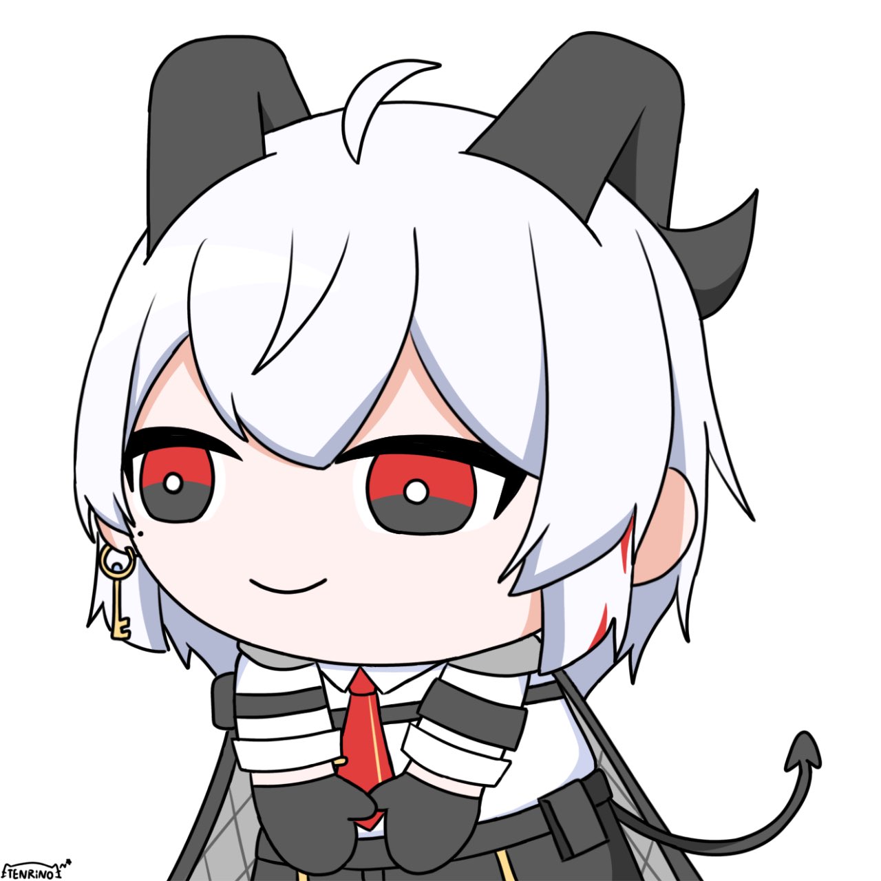 1girl, ahoge, artist_logo, black_eyes, black_gloves, black_horns, black_jacket, black_pants, black_tail, camellya_(wuthering_waves), closed_mouth, commentary, curled_horns, demon_tail, earrings, english_commentary, gloves, highres, horns, jacket, jacket_on_shoulders, jewelry, key_earrings, logo, long_hair, mole, mole_under_eye, multicolored_eyes, necktie, pants, pose_imitation, red_eyes, red_necktie, shirt, simple_background, smile, solo, tail, tenrino, two-tone_eyes, white_background, white_hair, white_shirt, wuthering_waves, zani_(wuthering_waves)