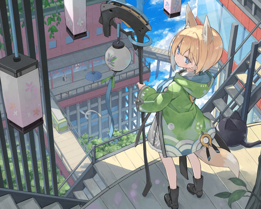 1girl, :/, above_clouds, animal_ear_fluff, animal_ears, architecture, bench, black_boots