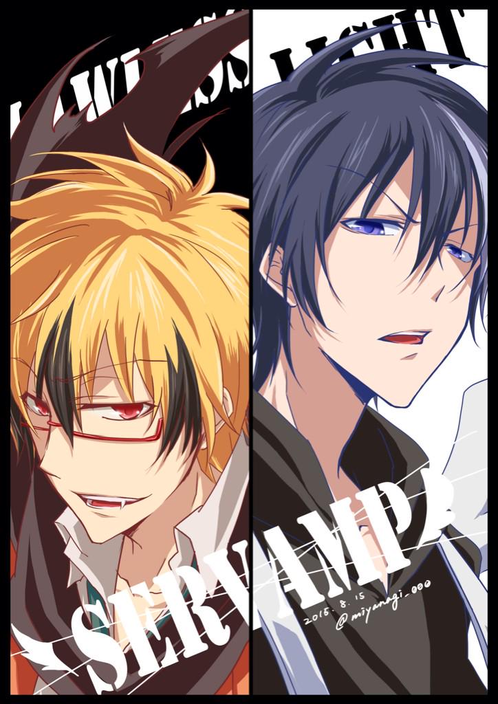 2boys, black_hair, blonde_hair, blue_eyes, character_name, copyright_name, fang, lawless_(servamp)