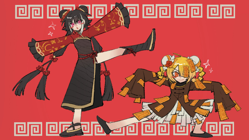 2girls, black_boots, black_dress, black_hair, boots, braid, braided_hair_rings, chibi