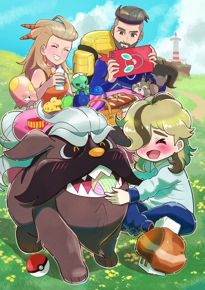 1girl, 2boys, ^_^, aged_down, artist_name, arven_(pokemon), backpack, bag, bare_arms, beard, berry_(pokemon), black_eyes, black_hair, blue_bodysuit, blue_eyes, blue_pants, blue_sky, blush, bodysuit, bottle, breasts, brown_eyes, brown_hair, buck_teeth, capsakid, child, closed_eyes, clouds, collared_shirt, commentary, cup, earrings, facial_hair, family, fangs, father_and_son, flower, food, grass, grin, hair_ornament, hair_over_one_eye, highres, holding, holding_bottle, holding_phone, husband_and_wife, indian_style, jewelry, lighthouse, long_hair, looking_at_another, lum_berry, mabosstiff, medium_breasts, medium_hair, mother_and_son, mouth_hold, multicolored_hair, multiple_boys, nacli, open_mouth, orange_tank_top, outdoors, pants, petting, phone, picnic_basket, pikachu, playing, poke_ball, poke_ball_(basic), pokemon, pokemon_(creature), pokemon_sv, rock, rotom, rotom_phone, sada_(pokemon), sandwich, sharp_teeth, sheyona, shirt, short_hair, sitrus_berry, sitting, skwovet, sky, sleeveless, smile, table, tail, tail_wagging, tank_top, teeth, toedscool, turo_(pokemon), two-tone_hair, undercut, white_shirt, yarn, yarn_ball, yellow_flower