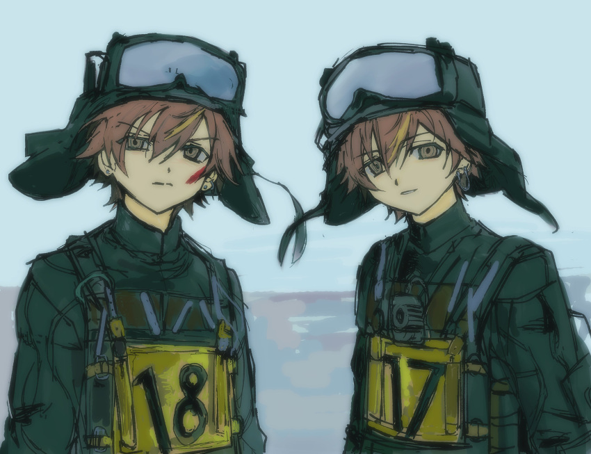 2boys, absurdres, blonde_hair, brown_eyes, brown_hair, earrings, goggles, goggles_on_head