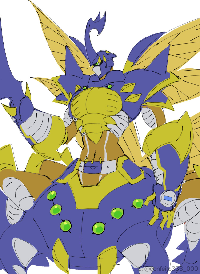 1boy, arm_blade, armor, blitzmon, blue_armor, blue_helmet, bolgmon, bug, centauroid, confeito000_333, digimon, digimon_(creature), fusion, green_eyes, helmet, highres, insect_wings, simple_background, solo, taur, weapon, white_background, wings