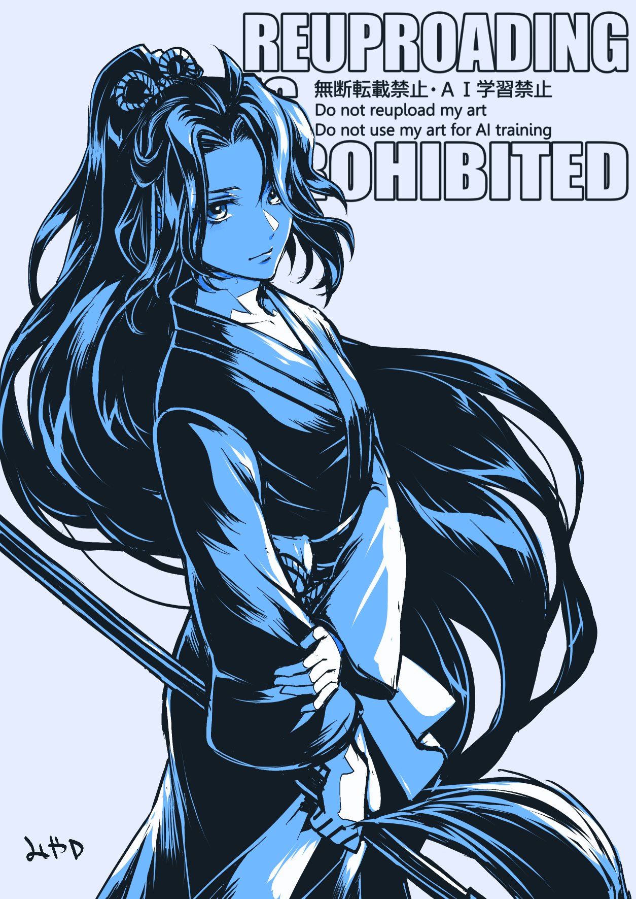 1girl, blue_theme, closed_mouth, cowboy_shot, highres, holding, holding_weapon, limbus_company