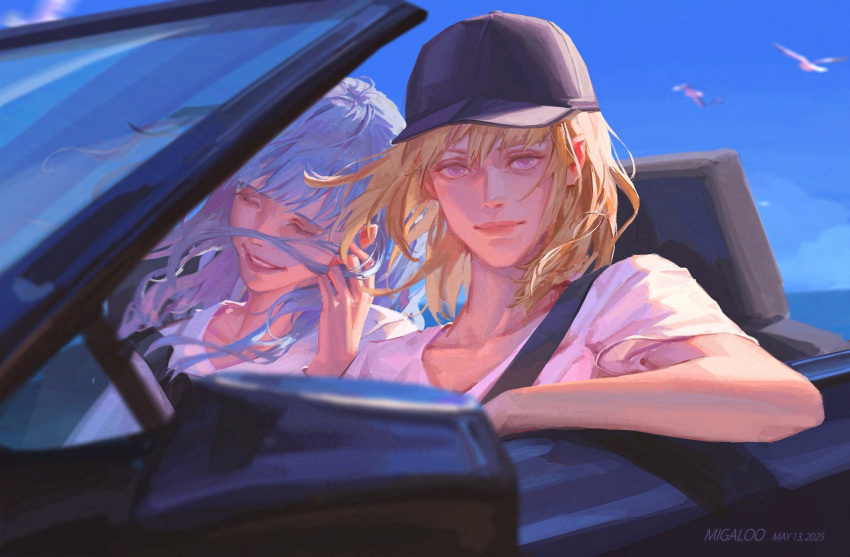 2girls, bang_dream!, bang_dream!_it's_mygo!!!!!, baseball_cap, black_hat, blonde_hair, blue_hair, car
