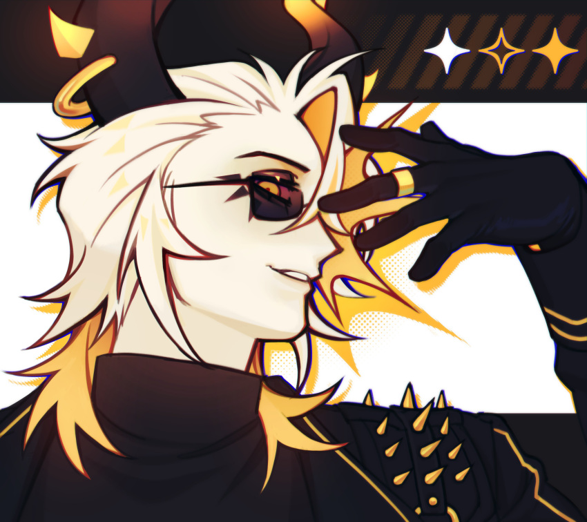 1boy, absurdres, black_gloves, black_horns, black_jacket, black_sweater, blonde_hair, colored_inner_hair