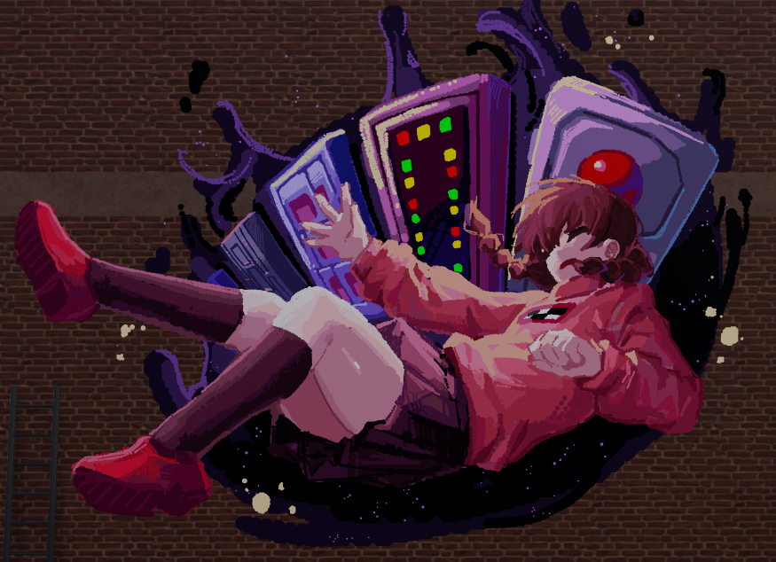 1girl, black_skirt, black_socks, braid, brown_hair, closed_eyes, door, falling