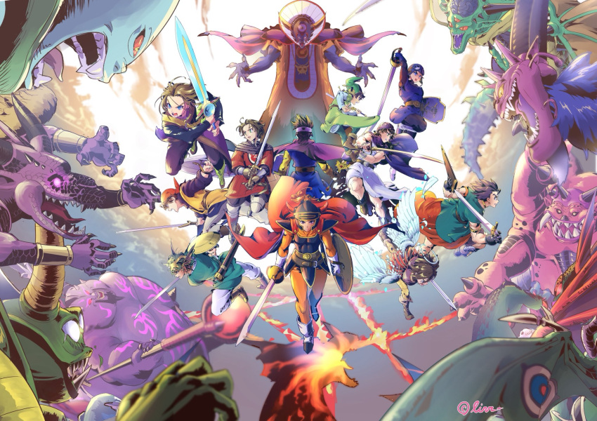 6+boys, ancestor_and_descendant, angel, anniversary, asymmetrical_dual_wielding, bad_arm, black_hair, blue_hair, blurry, brown_hair, commentary_request, death_pisaro, deathtamor, depth_of_field, dragon, dragon_lord, dragon_quest, dragon_quest_i, dragon_quest_ii, dragon_quest_iii, dragon_quest_iv, dragon_quest_ix, dragon_quest_v, dragon_quest_vi, dragon_quest_vii, dragon_quest_viii, dragon_quest_x, dragon_quest_xi, dual_wielding, erdrick's_shield, erdrick's_sword, ergius, extra_arms, fighting, floating_clothes, green_hair, green_hat, hat, hero_(dq1), hero_(dq10), hero_(dq11), hero_(dq4), hero_(dq5), hero_(dq6), hero_(dq7), hero_(dq8), hero_(dq9), highres, holding, holding_shield, holding_sword, holding_weapon, horns, in-franchise_crossover, maldragora, male_focus, medium_hair, mildrath, monster, multiple_boys, muscular, muscular_male, nizzelpha, nose_horn, open_mouth, orgo_demira, prince_of_lorasia, purple_turban, rhapthorne, roto_(dq3), sharp_teeth, shey93735903, shield, short_hair, sidoh, sword, tears, teeth, triclops, tunic, turban, weapon, zoma