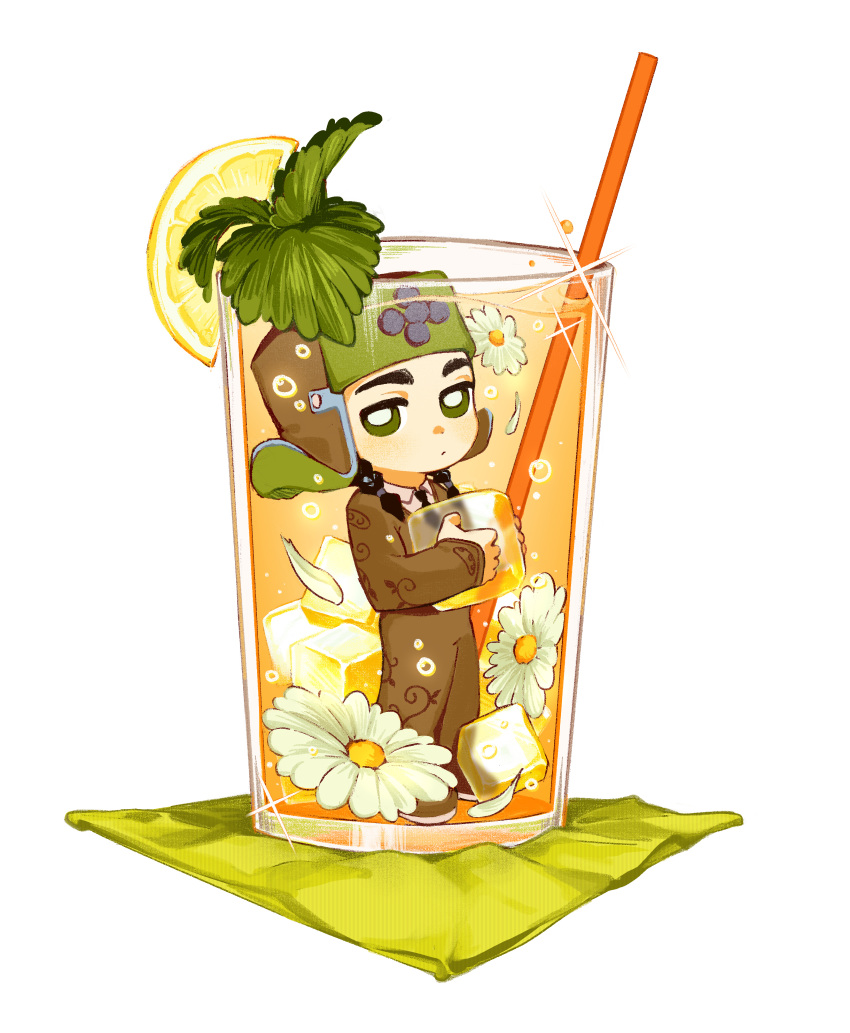 1boy, absurdres, black_hair, braid, brown_hat, brown_jumpsuit, chibi, commentary