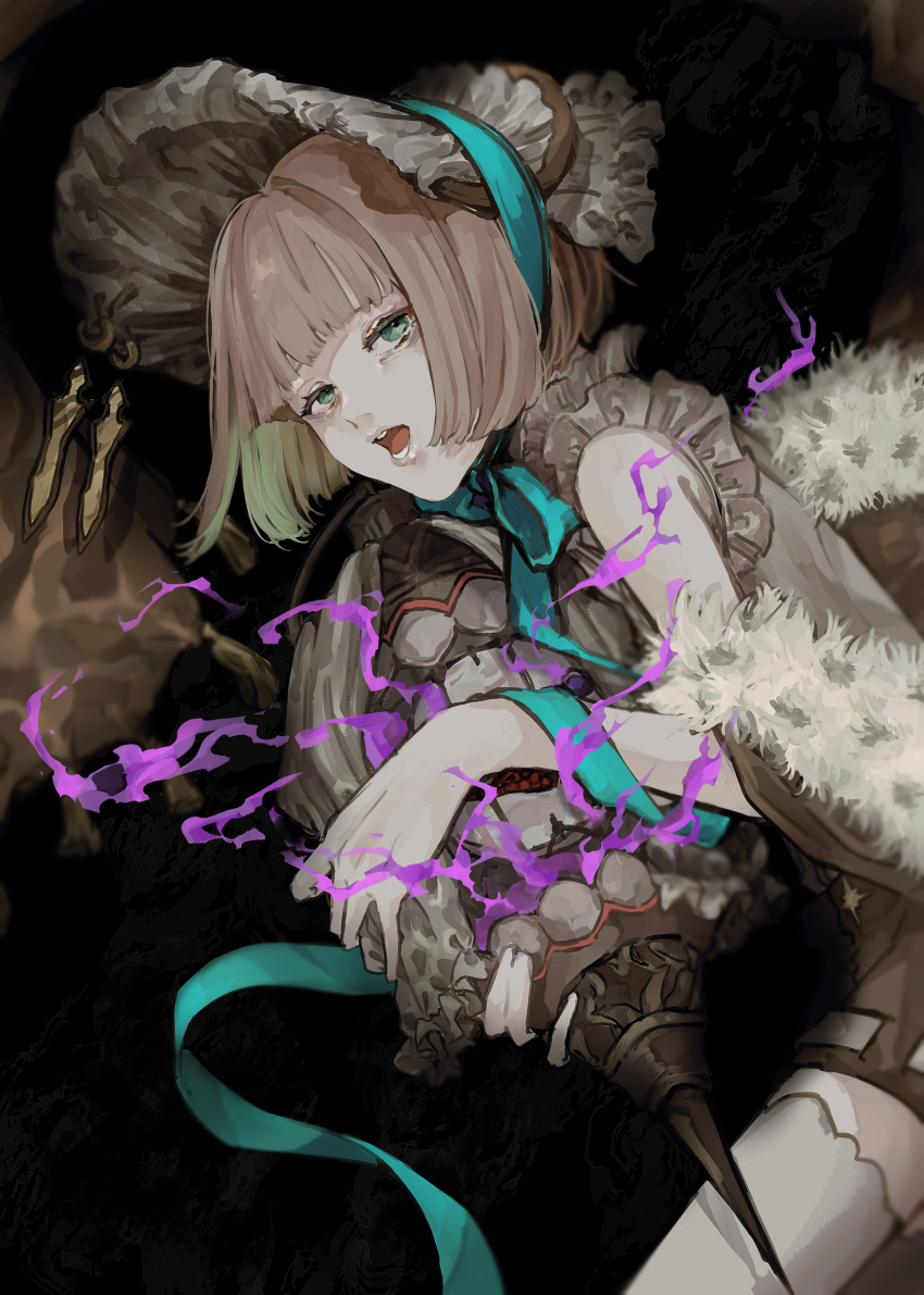1boy, absurdres, alternate_costume, bad_id, bad_pixiv_id, blunt_bangs, bob_cut, brown_hair, cage, cape, dress, expressionless, fur-trimmed_cape, fur_trim, green_eyes, green_hair, green_ribbon, gretel_(sinoalice), hansel_(sinoalice), headdress, highres, holding, holding_cage, looking_at_viewer, multicolored_hair, open_mouth, otoko_no_ko, ribbon, ribbon_around_head, s_t_e_r_n, short_hair, simple_background, sinoalice, thigh-highs, two-tone_hair, white_thighhighs, zettai_ryouiki