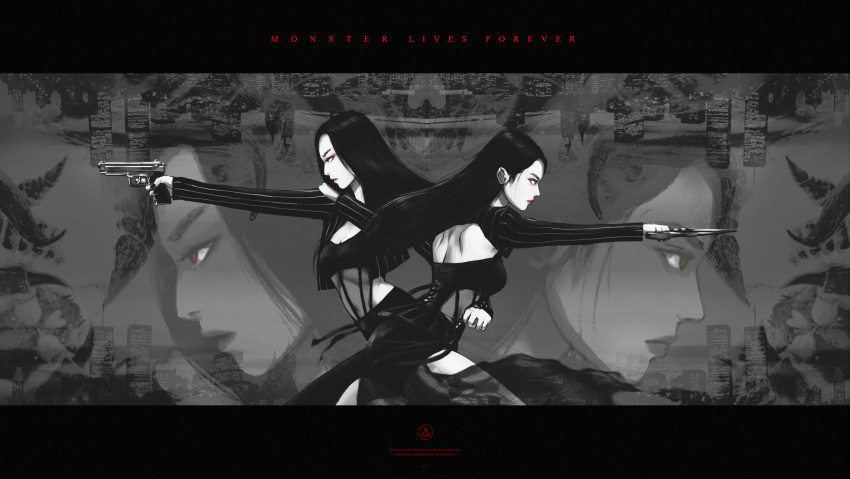 2girls, black_hair, closed_mouth, commentary, greyscale, gun, highres, holding