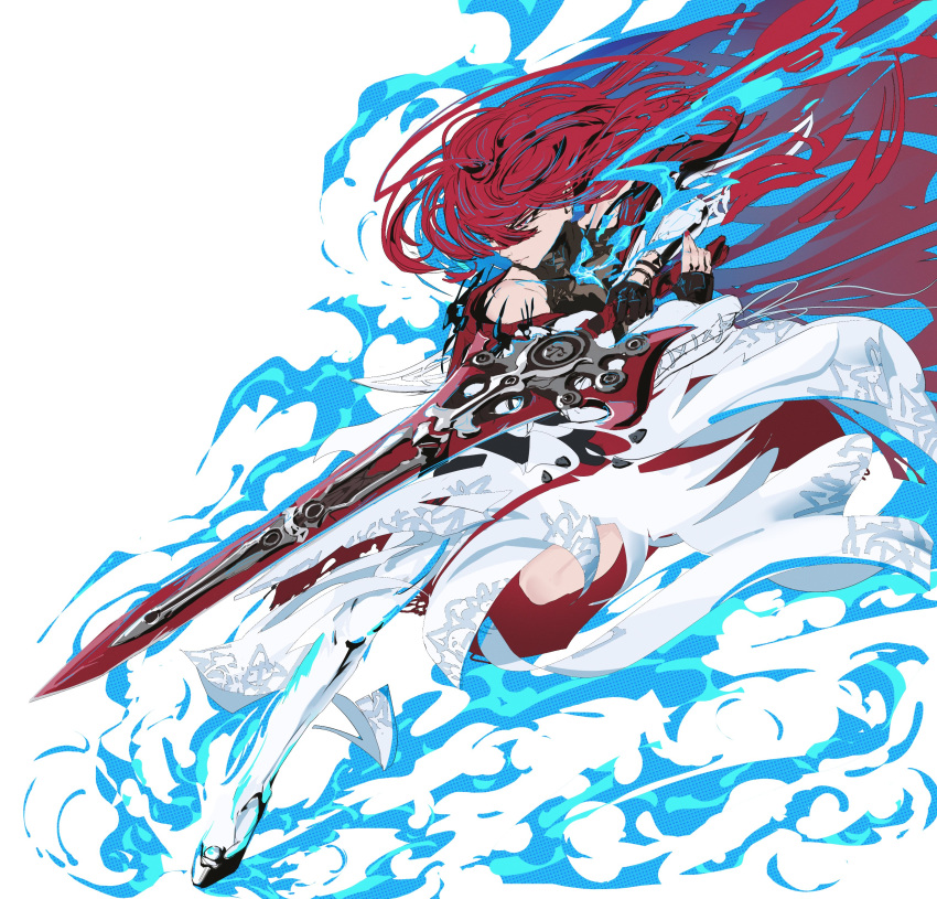 01neeto, 1girl, absurdres, bare_shoulders, black_shirt, blue_fire, breasts, dress, elizabeth_rose_bloodflame, fire, gauntlets, highres, holding, holding_sword, holding_weapon, hololive, hololive_english, knees, large_breasts, looking_to_the_side, red_hair, shirt, solo, sword, thorn_(elizabeth_rose_bloodflame), weapon, white_background, white_dress