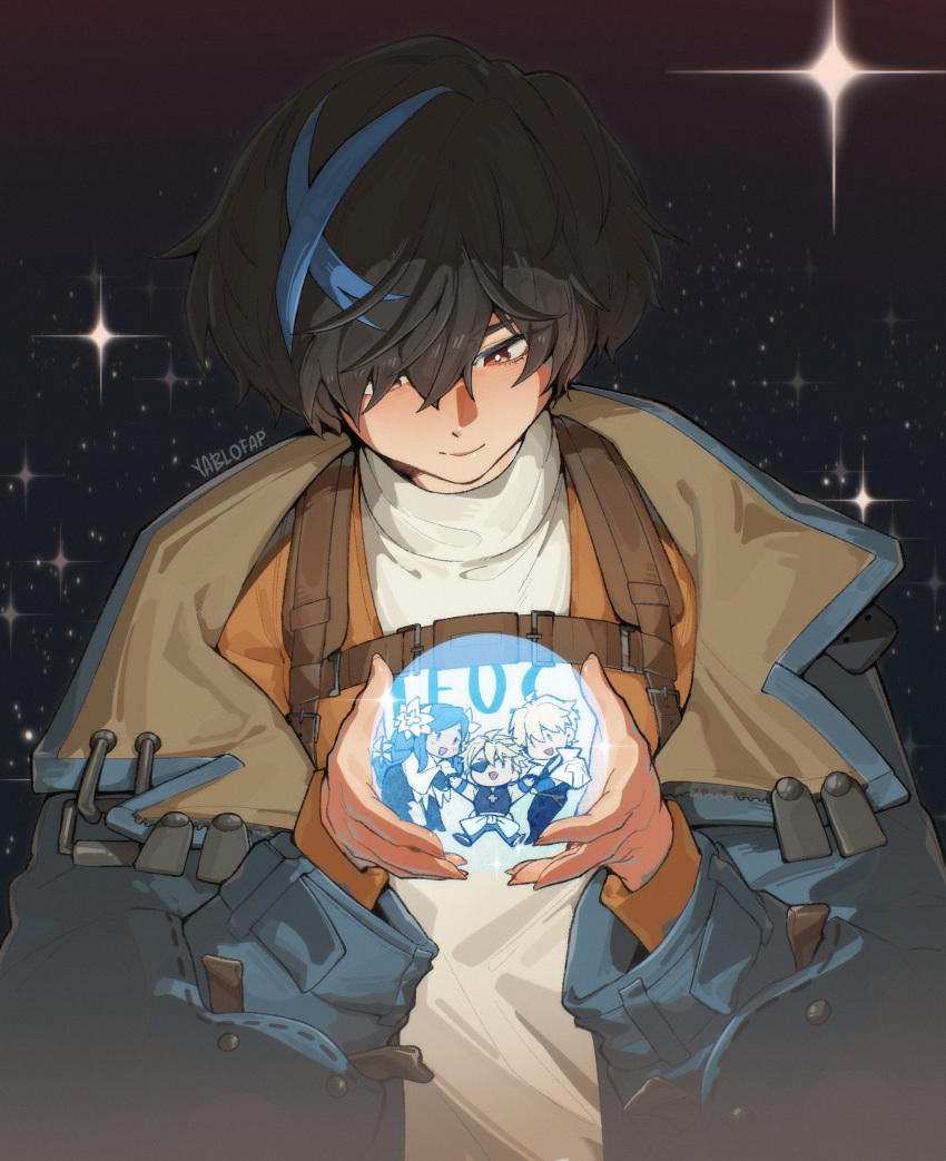 1girl, absurdres, alohapz, androgynous, black_hair, blue_jacket, blue_streaks, brown_eyes