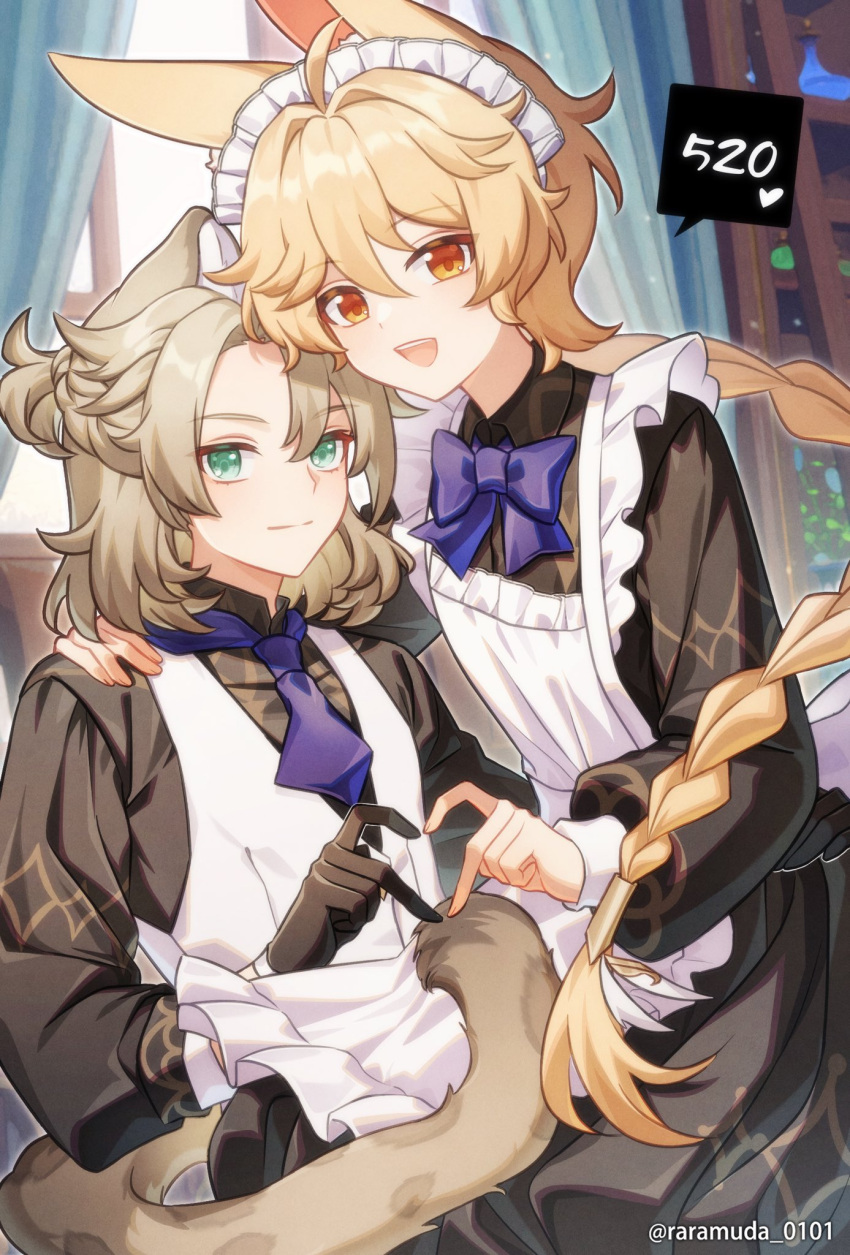2boys, aether_(genshin_impact), albedo_(genshin_impact), animal_ears, apron, black_gloves, black_shirt, blonde_hair