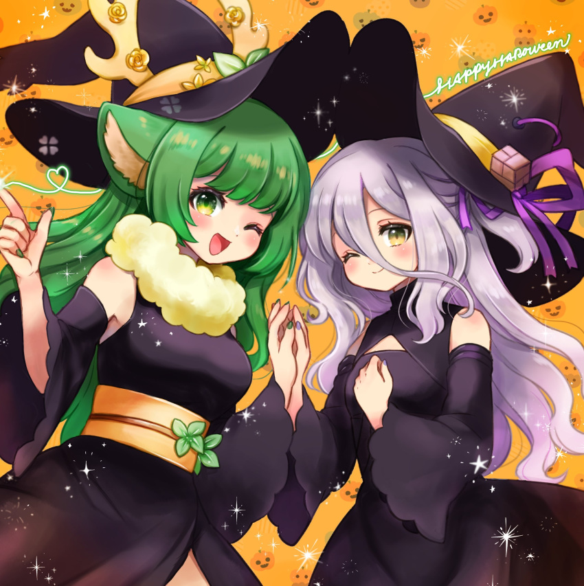 2girls, ;d, above_cleavage_cutout, animal_ears, antlers, bare_shoulders, black_dress, breasts