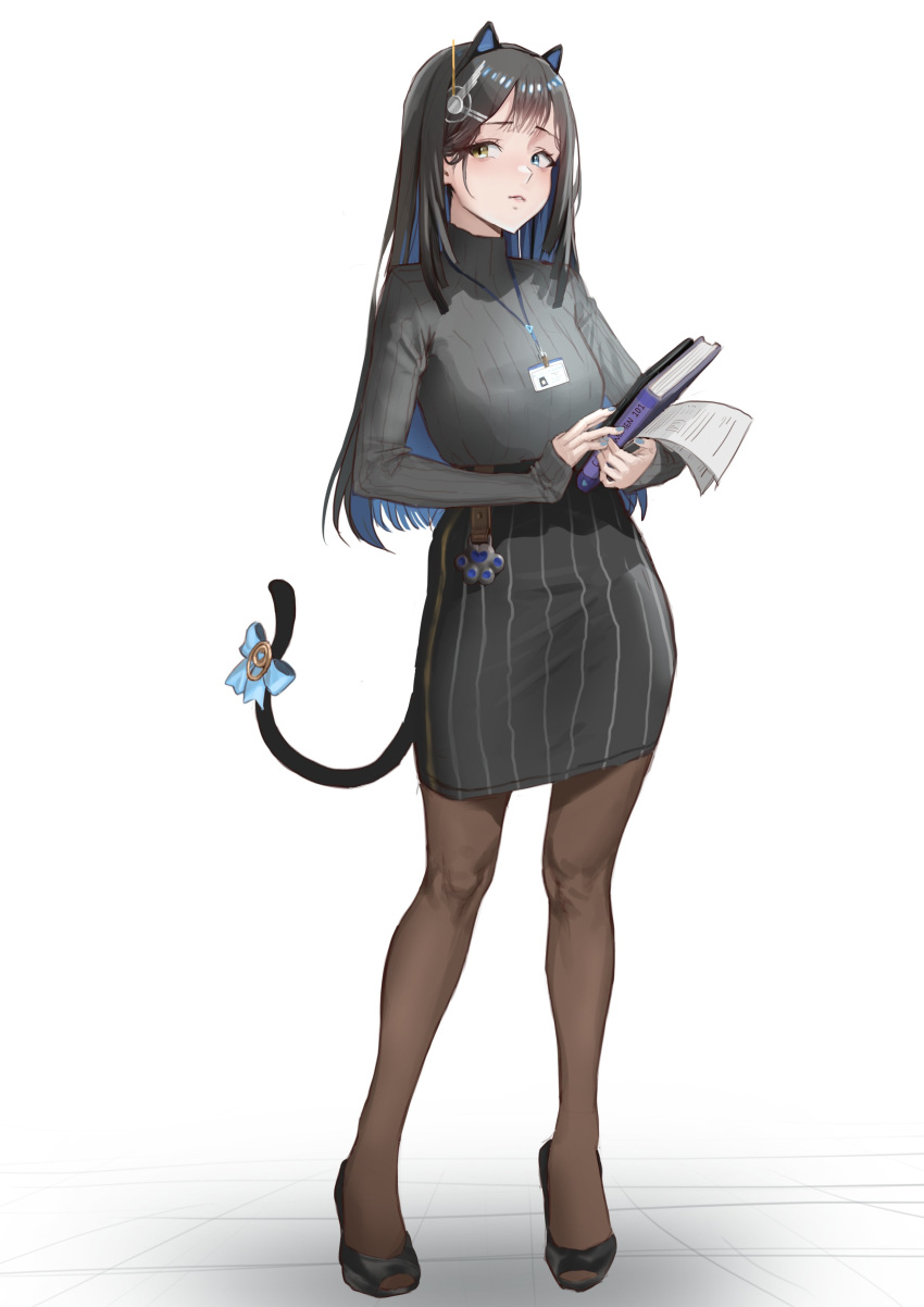 1girl, absurdres, animal_ears, belt, black_hair, blue_eyes, blue_hair, book, bow, breasts, cat_ears, cat_paw, cat_tail, clock_hair_ornament, colored_inner_animal_ears, colored_inner_hair, fake_animal_ears, full_body, heterochromia, high_heels, highres, holding, holding_book, holding_paper, hololive, kroma_(ouro_kronii), long_hair, looking_at_viewer, multicolored_hair, name_tag, pantyhose, paper, pencil_skirt, pinstripe_pattern, pinstripe_skirt, reference_sheet, shadow, simple_background, skirt, small_breasts, solo, sweatdrop, sweater, tail, tail_bow, tail_ornament, tanukidraws, white_background, yellow_eyes