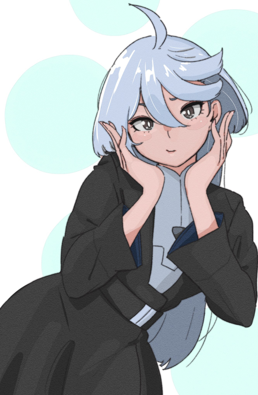1girl, ahoge, black_dress, blush, dress, grey_hair, gundam, gundam_suisei_no_majo