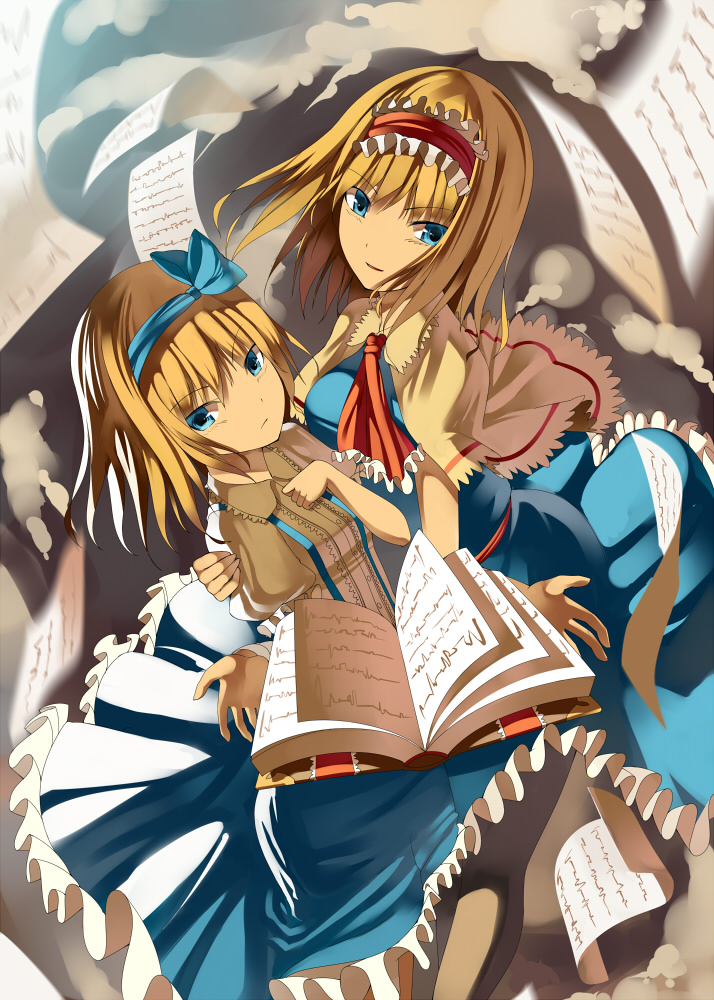 alice_margatroid, alice_margatroid_(pc-98), blonde_hair, blue_eyes, book, capelet, dual_persona, flying_paper