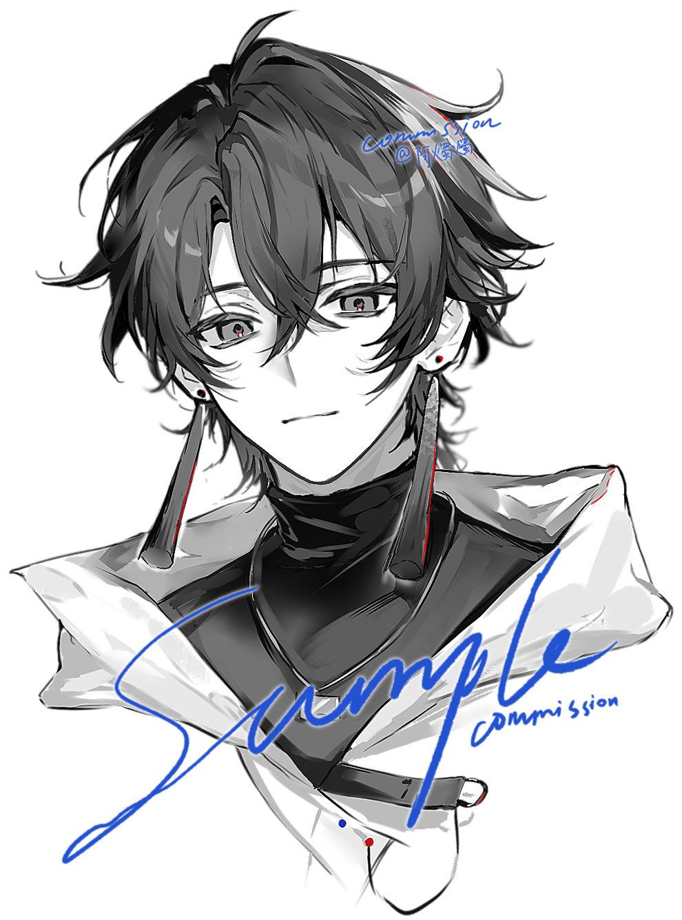 1boy, black_hair, black_shirt, character_request, closed_mouth, commission, copyright_request, dddddd_(ni989393)