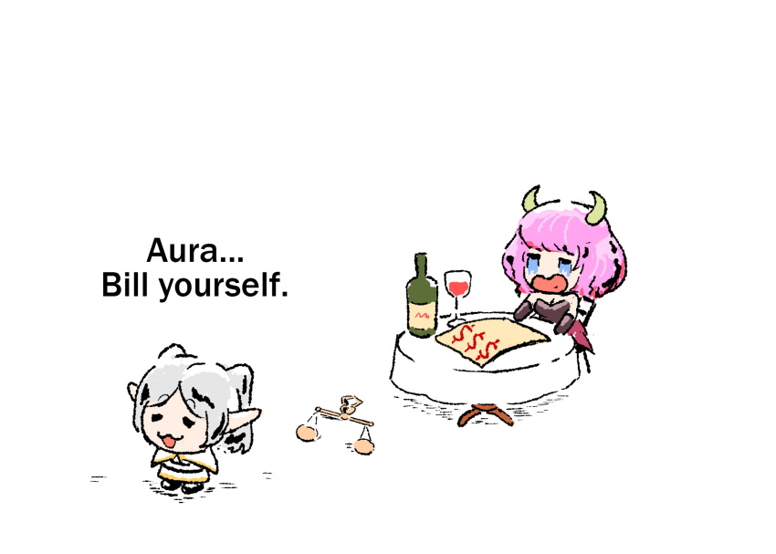 2girls, :3, =_=, aura_(sousou_no_frieren), balance_scale, bottle, capelet, chibi, chibi_only, commentary, crying, cup, demon_girl, demon_horns, dollar_sign, dress, drinking_glass, duckmeat_woohoo, elf, english_commentary, english_text, frieren, full_body, grey_hair, highres, horns, multiple_girls, parted_bangs, pointy_ears, purple_hair, simple_background, sitting, sousou_no_frieren, table, twintails, variant_set, weighing_scale, white_background, white_capelet, white_dress, wine_bottle, wine_glass