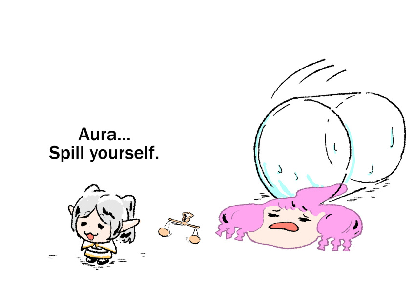 2girls, :3, =_=, aura_(sousou_no_frieren), balance_scale, capelet, chibi, chibi_only