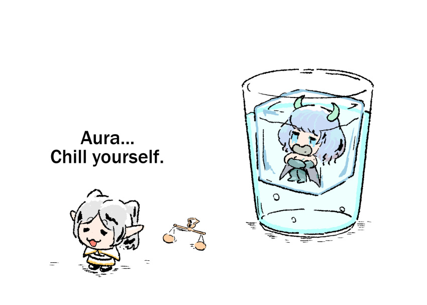 2girls, :3, =_=, aura_(sousou_no_frieren), balance_scale, capelet, chibi, chibi_only