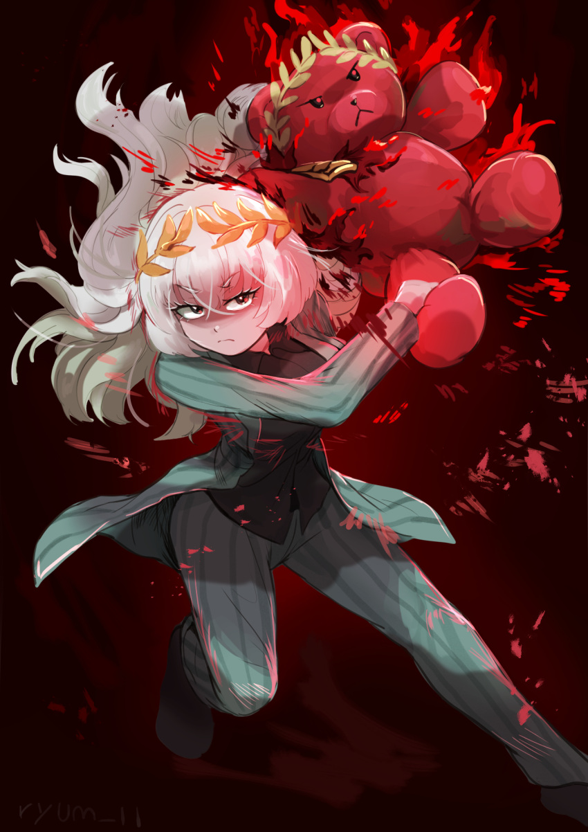 1girl, alternate_universe, artist_name, black_shirt, black_shoes, blood, cape, charon_(project_moon), collared_shirt, cosplay, e.g.o_(project_moon), grey_hair, grey_jacket, grey_shirt, highres, jacket, laurel_crown, limbus_company, long_hair, project_moon, ryum11, shirt, shoes, solo, stuffed_animal, stuffed_toy, teddy_bear, vergilius_(project_moon), vergilius_(project_moon)_(cosplay)