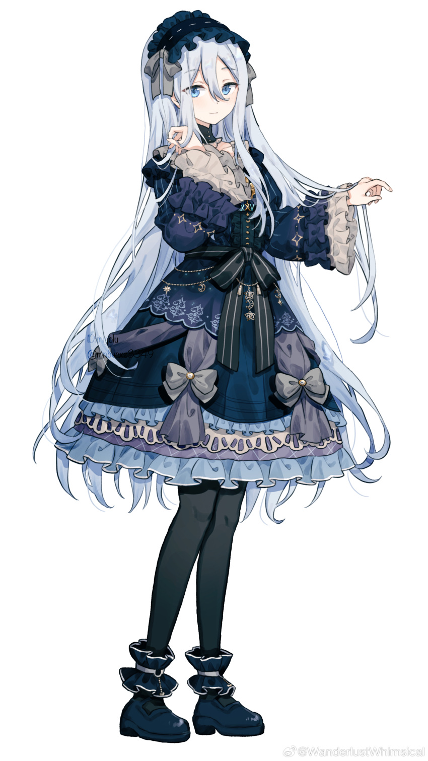 1girl, absurdres, black_bow, black_pantyhose, black_sash, blue_eyes, bow, chinese_commentary