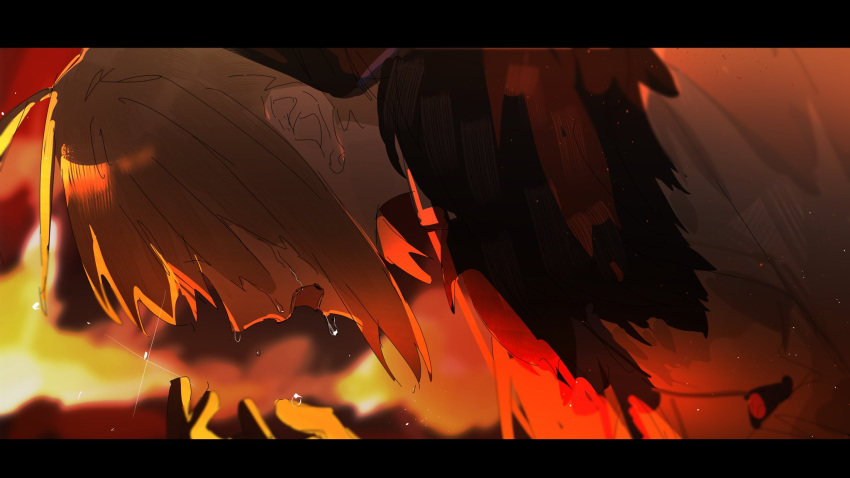 1girl, aesc_(fate), aesc_(savior)_(fate), aoku_mire, black_gloves, blonde_hair, fate/grand_order, fate_(series), fire, gloves, hair_between_eyes, highres, long_hair, open_mouth, solo, tears