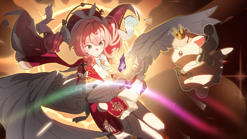 1girl, absurdres, aqua_eyes, beret, blue_bow, blue_bowtie, bow, bowtie, commentary_request, dress, floating_hair, flying, glowing, gold_trim, hair_between_eyes, hat, highres, honkai:_star_rail, honkai_(series), hyacine_(honkai:_star_rail), layered_dress, light_trail, little_ica_(honkai:_star_rail), long_hair, long_sleeves, looking_ahead, object_floating_above_hand, own_hands_together, pantyhose, pink_hair, red_dress, red_hat, solo, twintails, two-tone_dress, white_dress, white_pantyhose, white_wings, wings, yuyiosang