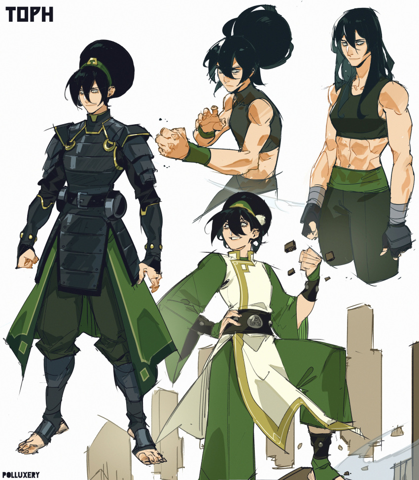 1girl, absurdres, armor, avatar_legends, black_armor, blind, crop_top, element_bending