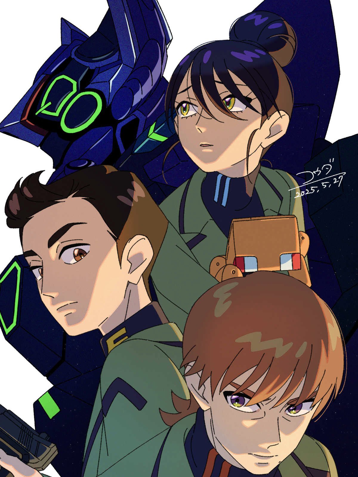 1girl, 2boys, black_hair, brown_eyes, brown_hair, conch, dated, gun