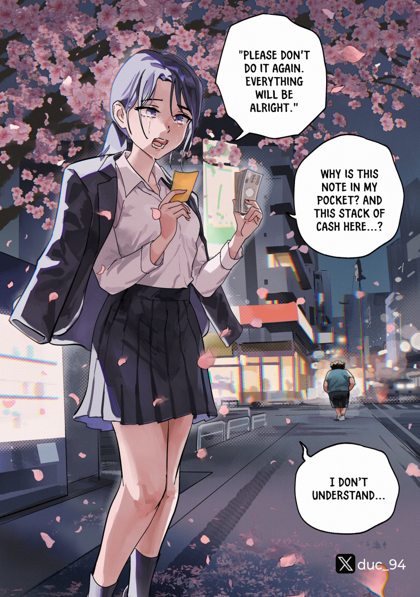 1boy, 1girl, absurdres, banknote, black_hair, black_skirt, black_socks, cherry_blossoms, commentary, crying, crying_with_eyes_open, duc_94, english_commentary, english_text, highres, jacket, jacket_on_shoulders, kneehighs, money, night, original, outdoors, pleated_skirt, purple_hair, school_uniform, skirt, socks, tears, violet_eyes