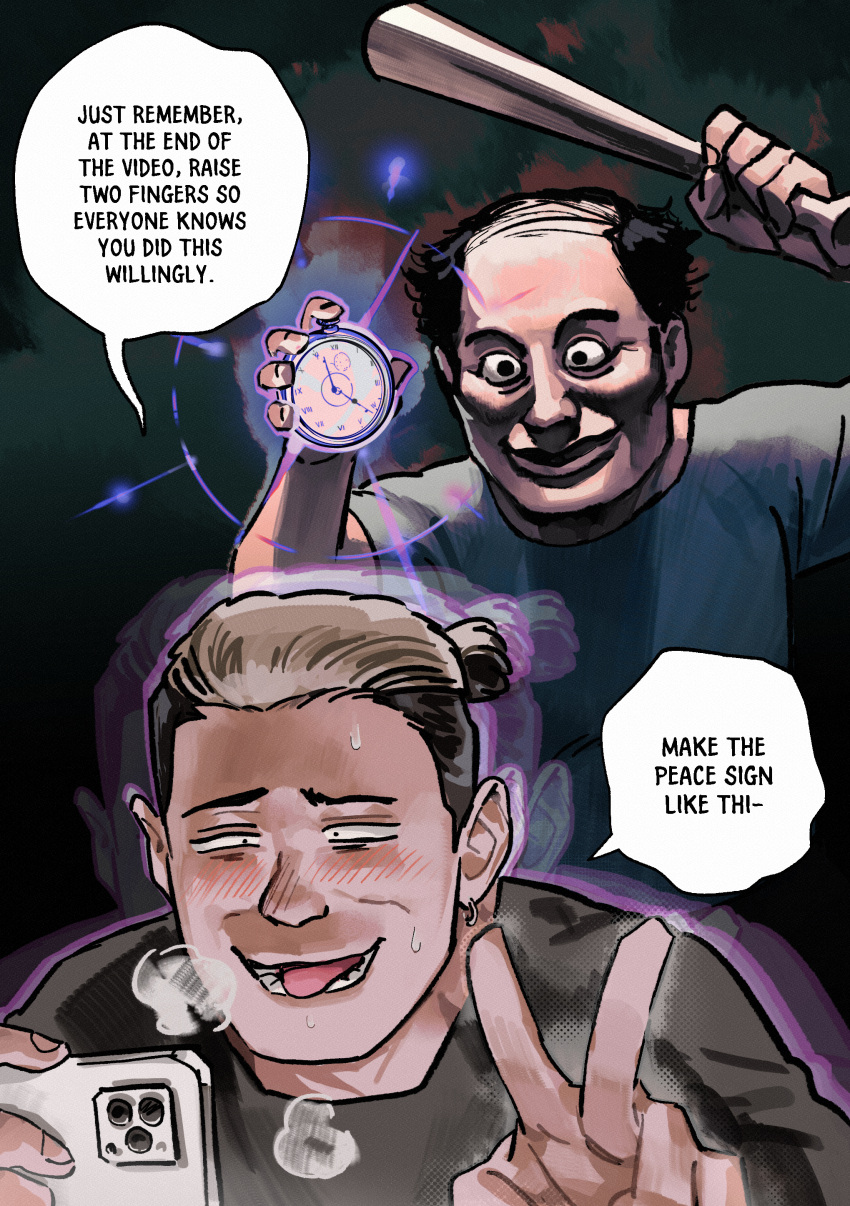 2boys, :d, absurdres, bald, baseball_bat, black_eyes, black_hair, blush