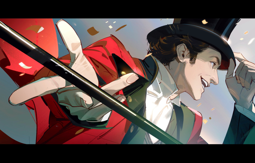 1boy, absurdres, adjusting_clothes, adjusting_headwear, black_hair, cane, confetti, fingernails, grey_background, hat, highres, jacket, letterboxed, looking_ahead, male_focus, open_mouth, p.t._barnum, red_jacket, ringmaster, shirt, short_hair, sideburns, solo, the_greatest_showman, tobu_(bilibil), top_hat, white_shirt